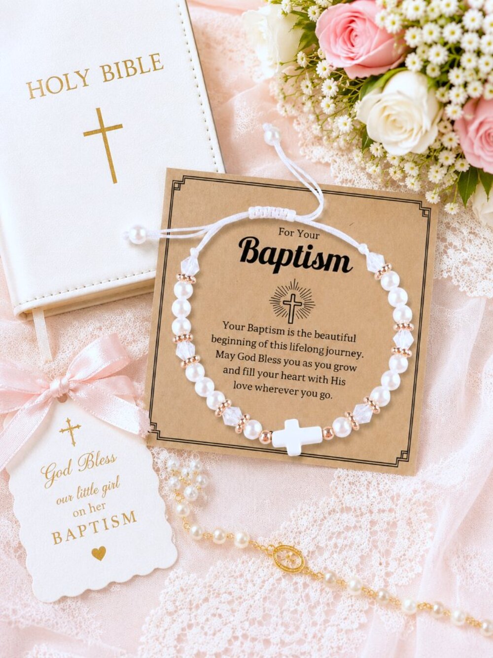 Baby Girl White Pearl Cross Baptism Christening Bracelet, Adjustable